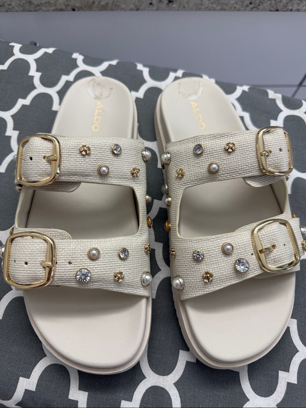 Aldo Cream Jeweled Buckle Slide Mules